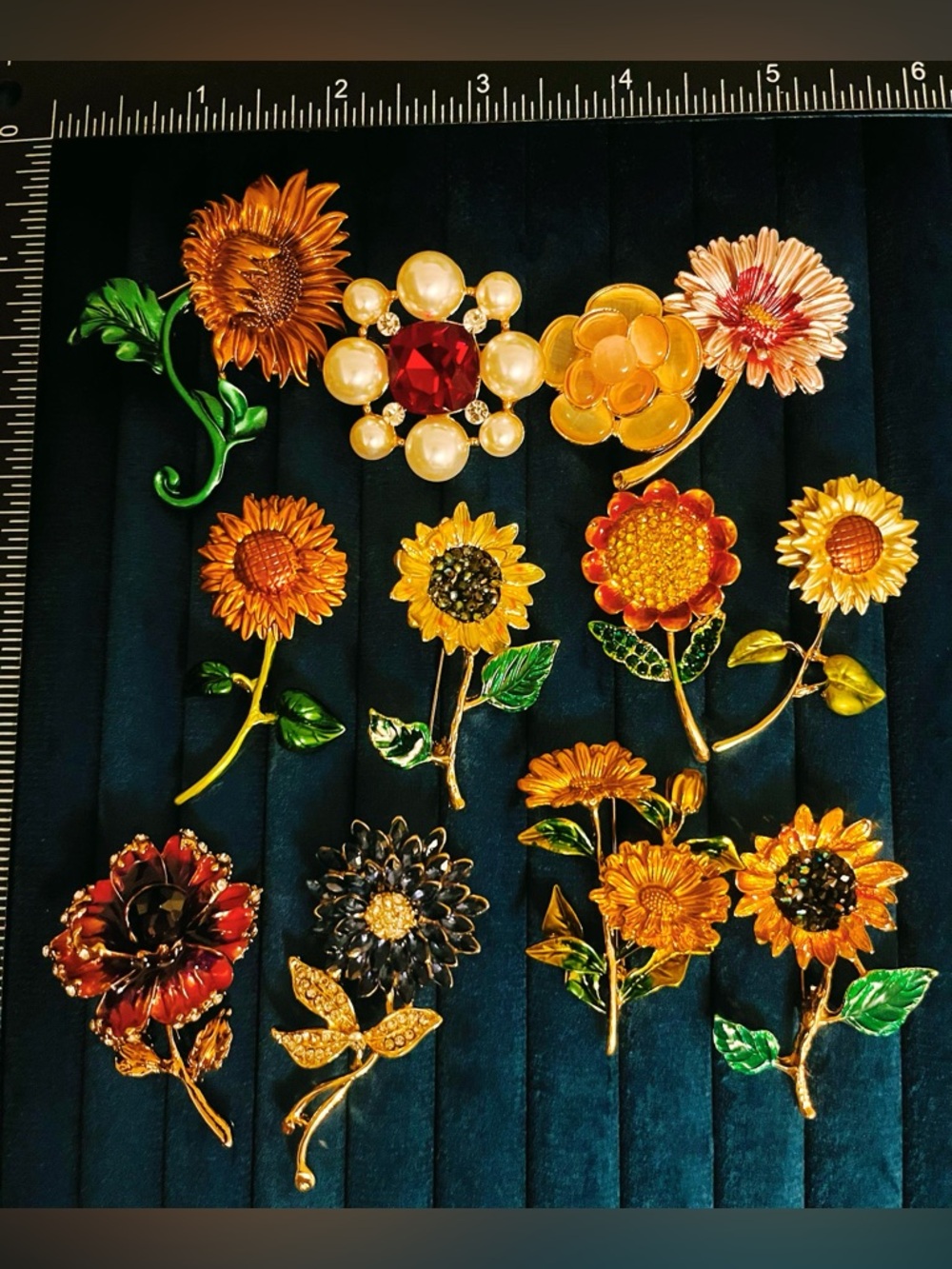 Vintage Style Sunflower Daisy Brooch Lot 12 Rhinestone Enamel Statement Floral